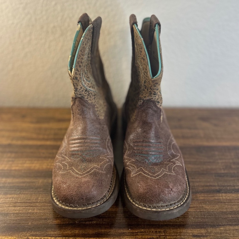 Ariat Western Boots Brown Leopard Print Turquoise Stitching Size 6.5B